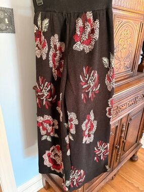LAIA Black Red Floral Knit Wide Leg Sweater Pants